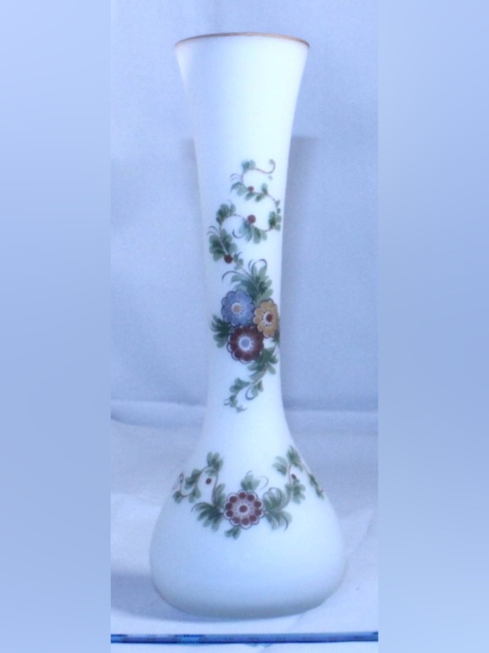IMPORTED Italian Vintage Colony Satin Glass Floral Bud Vase Gold Trim